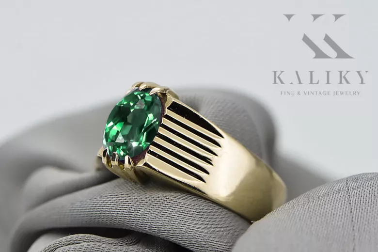 Pierścionek z żółtego 14k złota z Szmaragdem vrc007y-em Vintage Biżuteria Art Deco Sowiecki Rosyjski ZSRR styl