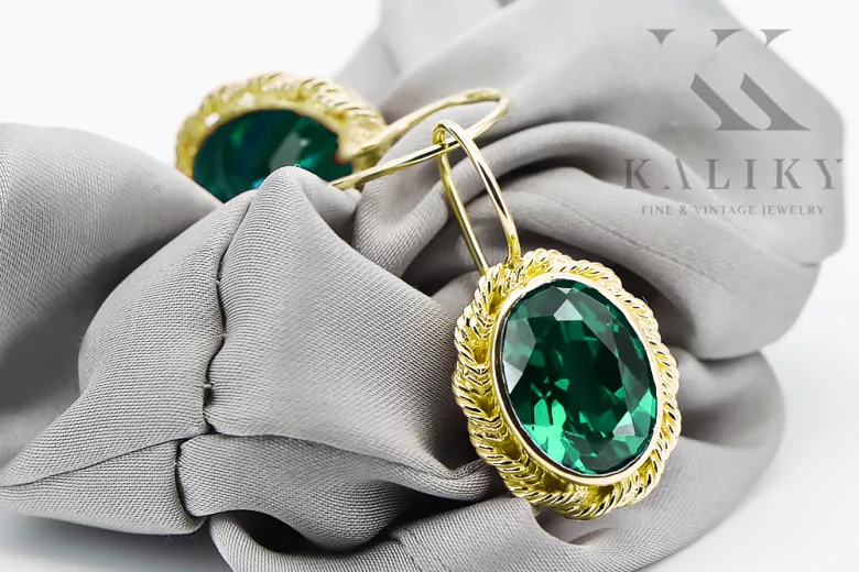 8K жълто злато 333 Emerald Обеци vec007x-em Руски Съветски СССР Винтидж стил Ар-деко style Art Deco