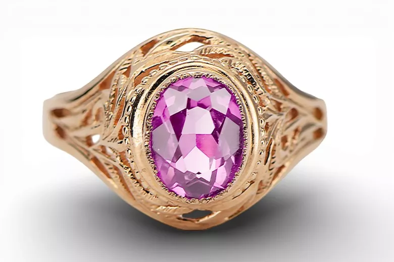 14K Rose Gold Amethyst Ring style vrc012r Russian Soviet Vintage style