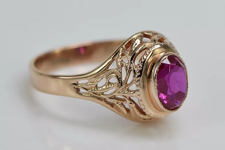 Ruby 14 karatų raudonas rožinis auksas Žiedas Vintažiniai papuošalai vrc012r-rb Art Deco Sovietinis vintažo papuošalų stilius