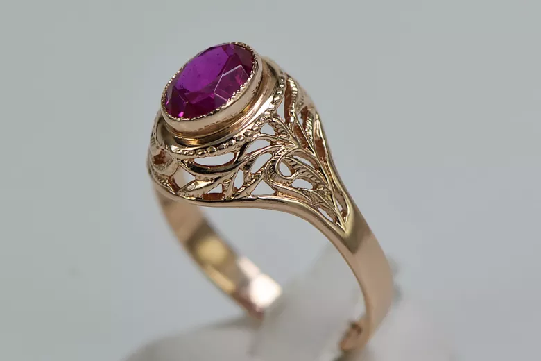 Ruby 14 karatų raudonas rožinis auksas Žiedas Vintažiniai papuošalai vrc012r-rb Art Deco Sovietinis vintažo papuošalų stilius