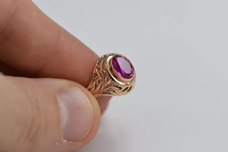 Ruby 14 karatų raudonas rožinis auksas Žiedas Vintažiniai papuošalai vrc012r-rb Art Deco Sovietinis vintažo papuošalų stilius