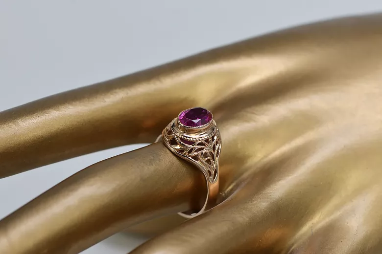 Ruby 14 karatų raudonas rožinis auksas Žiedas Vintažiniai papuošalai vrc012r-rb Art Deco Sovietinis vintažo papuošalų stilius