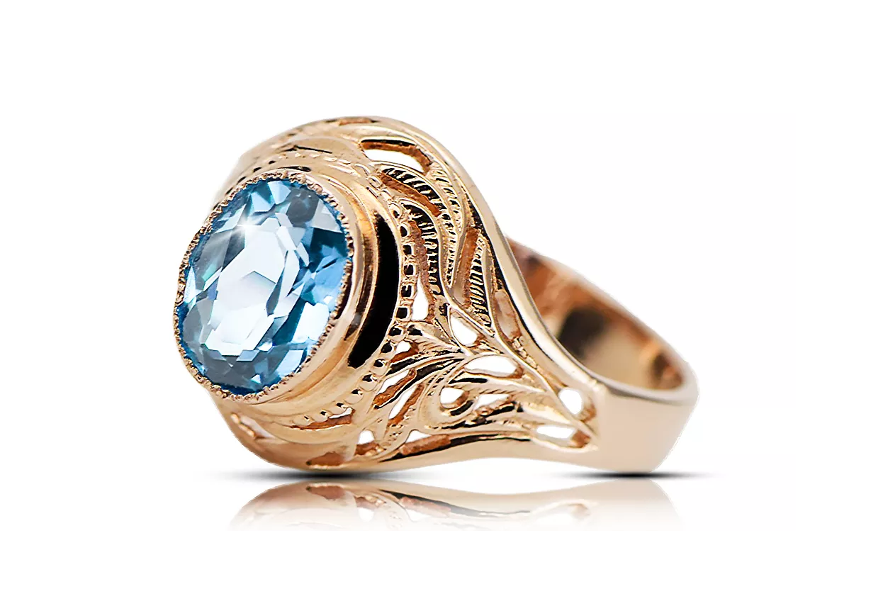 Inel Aquamarine 14K a crescut aur roșu Vintage Craft vrc012r-aq Art Deco Bijuterii rusești, stil URSS