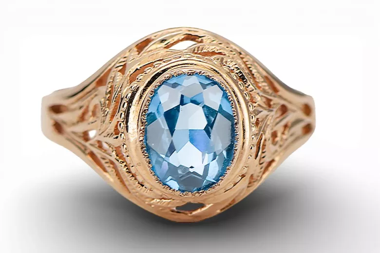 Aquamarine Or rose rouge 14 carats Anneau Artisanat vintage vrc012r-aq Art Deco Bijoux Art Déco russes, style URSS