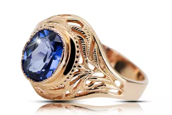 Žiedas Sapphire 14 karatų raudonas rožinis auksas Vintage vrc012r-sp Art Deco SSRS vintažo papuošalai, rusiškas stilius