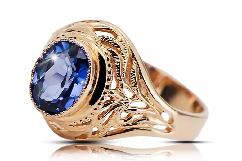Žiedas Sapphire 14 karatų raudonas rožinis auksas Vintage vrc012r-sp Art Deco SSRS vintažo papuošalai, rusiškas stilius
