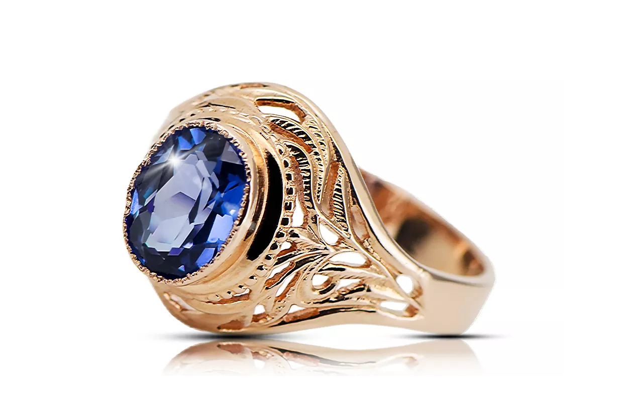 Žiedas Sapphire 14 karatų raudonas rožinis auksas Vintage vrc012r-sp Art Deco SSRS vintažo papuošalai, rusiškas stilius