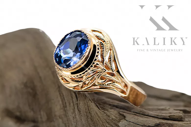 Sapphire 14K a crescut aur roșu Inel Stil Vintage vrc012r-sp Art Deco Bijuterii din URSS, stil rusesc