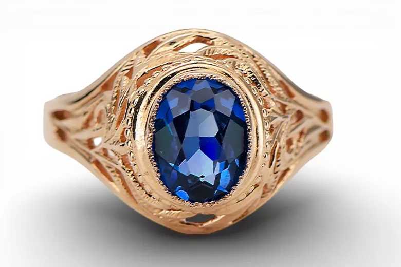 Sapphire 14K a crescut aur roșu Inel Stil Vintage vrc012r-sp Art Deco Bijuterii din URSS, stil rusesc