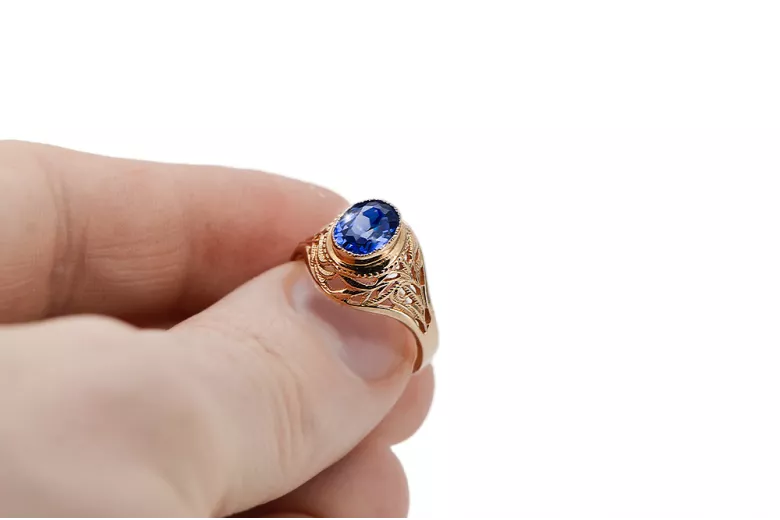 Žiedas Sapphire 14 karatų raudonas rožinis auksas Vintage vrc012r-sp Art Deco SSRS vintažo papuošalai, rusiškas stilius