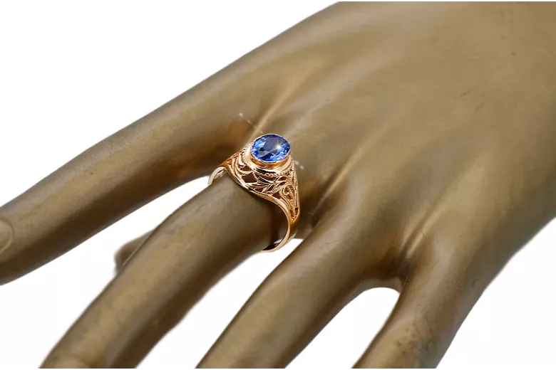 14K rose red gold Sapphire ring vrc012r-sp Vintage Jewelry Art Deco Russian USSR Soviet style
