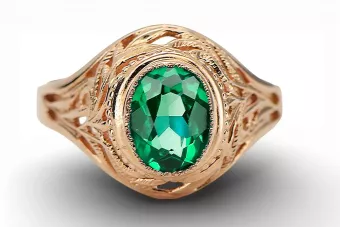 Pierścionek z różowego 14k złota z Szmaragdem vrc012r-em Vintage Art Deco Rosyjski sowiecki styl biżuterii z epoki ZSRR