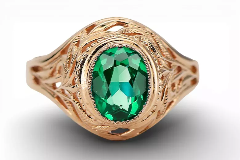 Žiedas Vintage Emerald 14 karatų raudonas rožinis auksas vrc012r-em Art Deco Rusiškas sovietinis SSRS stilius