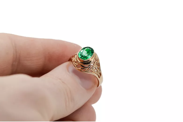Emerald Oro rojo rosa de 14 quilates Anillo Estilo vintage vrc012r-em Art Deco Estilo ruso soviético URSS