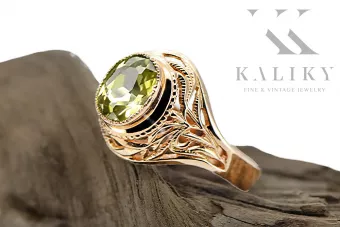 Pierścionek z różowego 14k złota z Żółtym perydotem vrc012r-yp Vintage unikatowe Art Deco Sowiecki ZSRR styl biżuterii