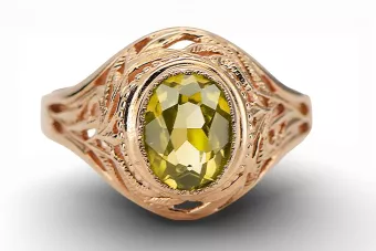 خاتم حرف يدوية فينتاج Yellow Peridot 14 كارت من الذهب الأحمر الوردي vrc012r-yp Art Deco أسلوب سوفيتي روسي اتحاد الجمهوريات السوف