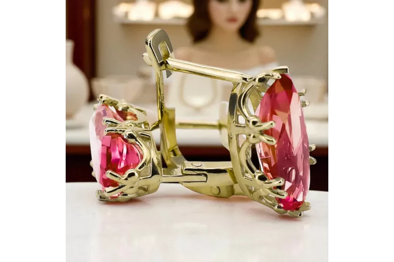 8 كارت من الذهب الأصفر 750 Ruby أقراط vec021z-rb روسي سوفيتي الاتحاد السوفيتي فينتاج آرت ديكو style Art Deco