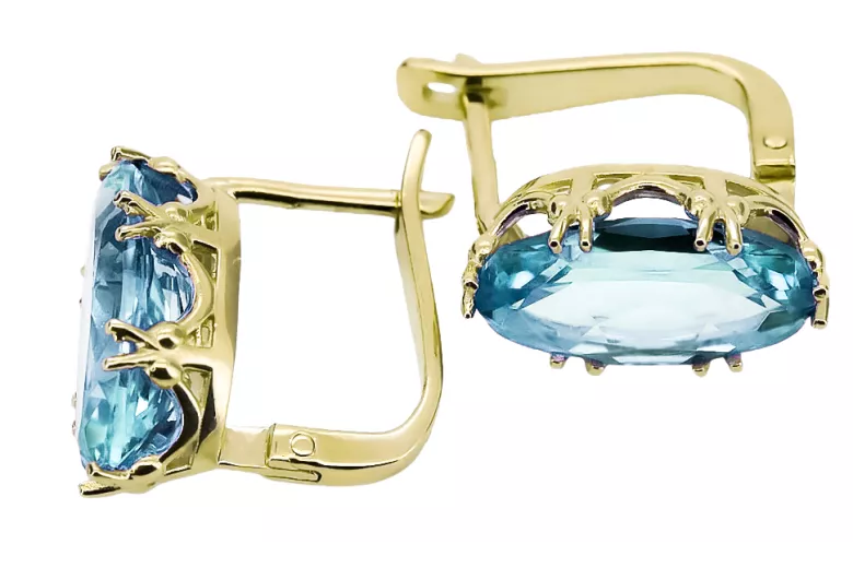 Or jaune 8 carats 750 Aquamarine des boucles d'oreilles vec021z-aq Russe Soviétique URSS Artisanat vintage Art Deco style