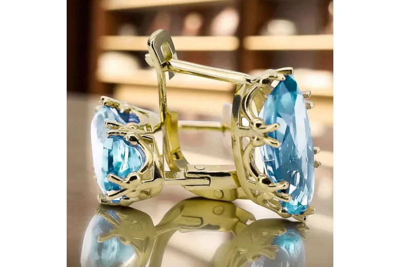 8K žluté zlato 750 Aquamarine náušnice vec021z-aq Russian Soviet USSR Vintage craft Art Deco style