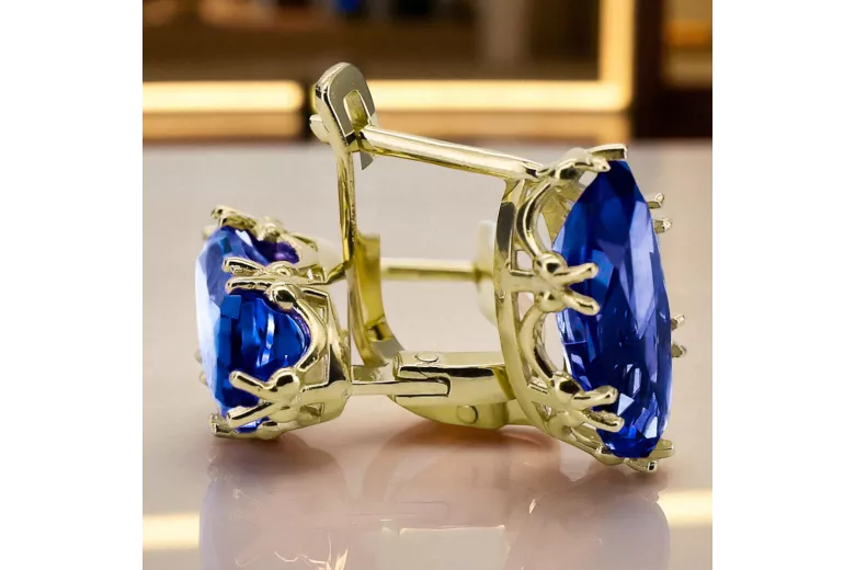 Or jaune 8 carats 750 Sapphire des boucles d'oreilles vec021z-sp Russe Soviétique URSS Artisanat vintage Art Deco style