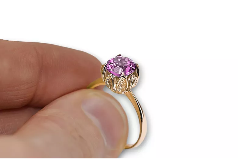 14k Rose Gold Ring Amethyst VRC366R Russischer sowjetischer Vintage-Stil