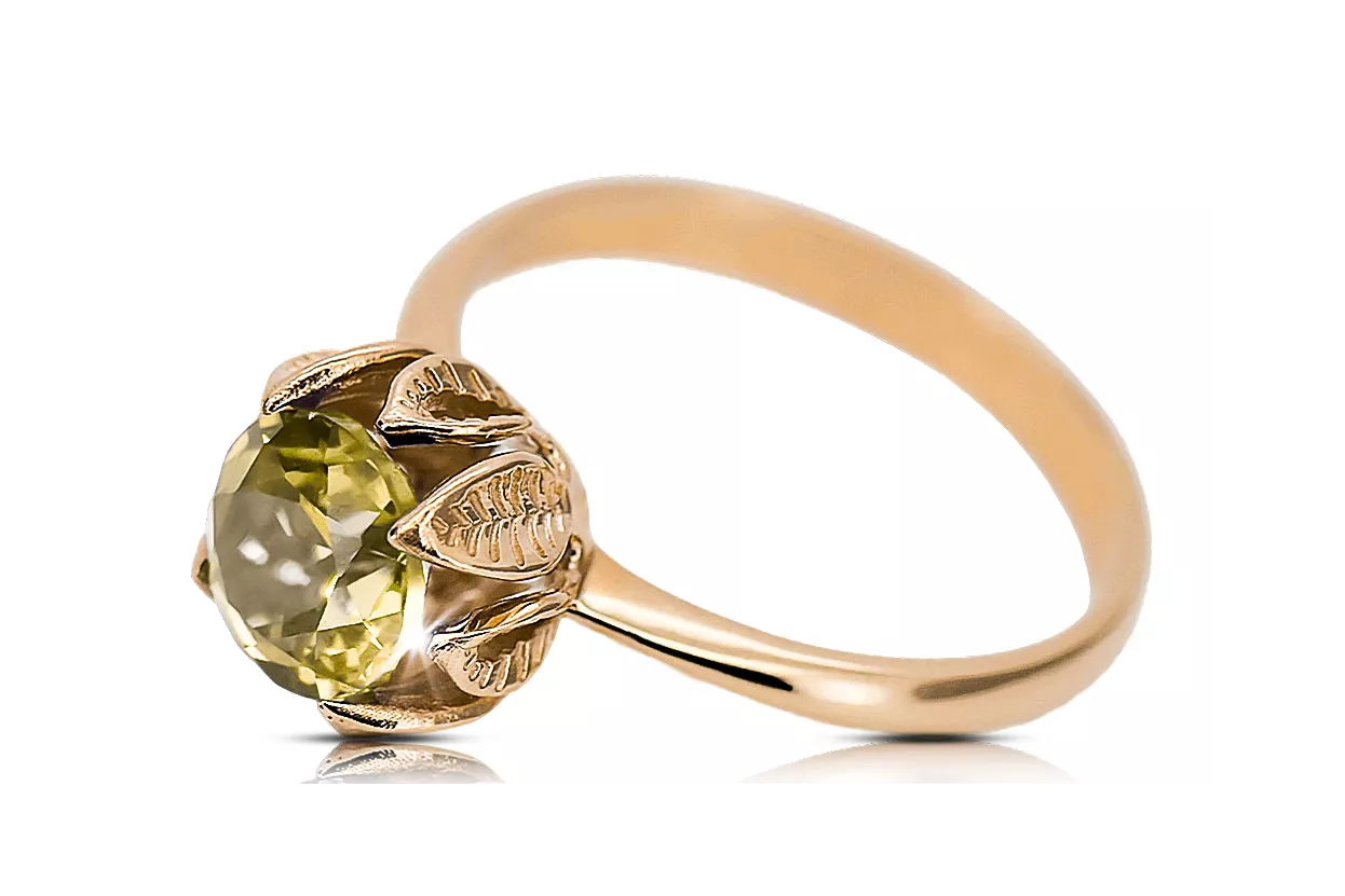 Vintage Anillo Yellow Peridot Oro rojo rosa de 14 quilates vrc051r-yp Art Deco Joyería rusa, estilo URSS