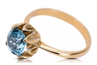 Aquamarine Or rose rouge 14 carats Anneau Artisanat vintage vrc051r-aq Art Deco Style russe URSS soviétique
