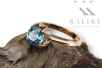 Aquamarine Or rose rouge 14 carats Anneau Artisanat vintage vrc051r-aq Art Deco Style russe URSS soviétique