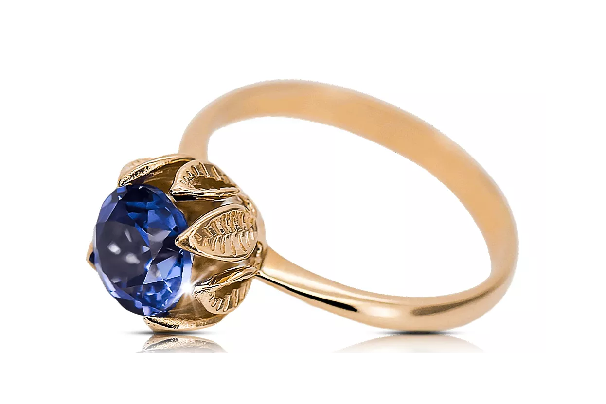 14K rose red gold Sapphire ring vrc051r-sp Vintage craft Art Deco Russian Soviet USSR style