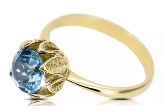 Pierścionek z żółtego 14k złota z Akwamarynem vrc051y-aq Styl Vintage Art Deco Sowiecka biżuteria, styl rosyjski