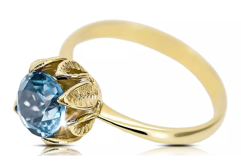 Pierścionek z żółtego 14k złota z Akwamarynem vrc051y-aq Styl Vintage Art Deco Sowiecka biżuteria, styl rosyjski