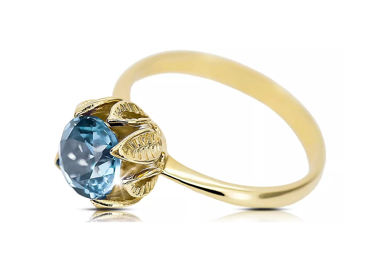 Pierścionek z żółtego 14k złota z Akwamarynem vrc051y-aq Styl Vintage Art Deco Sowiecka biżuteria, styl rosyjski