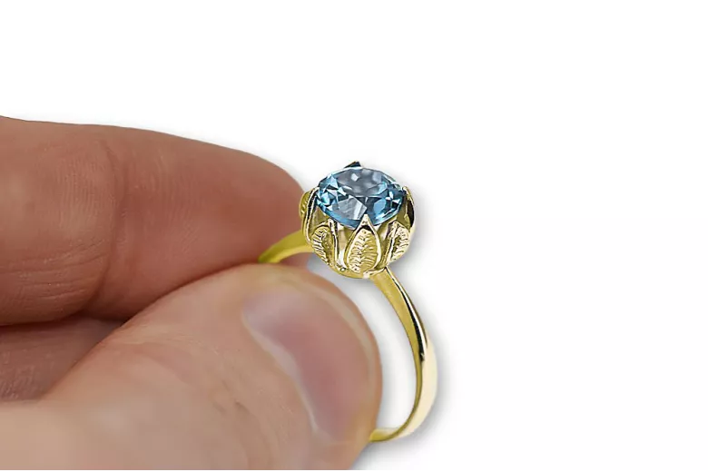 Pierścionek z żółtego 14k złota z Akwamarynem vrc051y-aq Styl Vintage Art Deco Sowiecka biżuteria, styl rosyjski