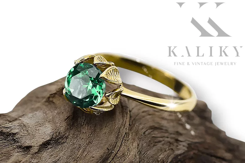 Pierścionek z żółtego 14k złota z Szmaragdem vrc051y-em Klasyczny Vintage Art Deco Styl biżuterii rosyjskiej,