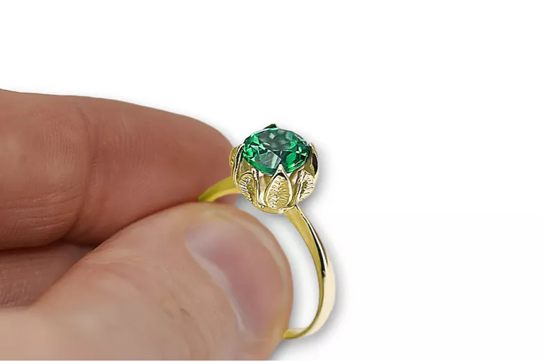 Pierścionek z żółtego 14k złota z Szmaragdem vrc051y-em Klasyczny Vintage Art Deco Styl biżuterii rosyjskiej,