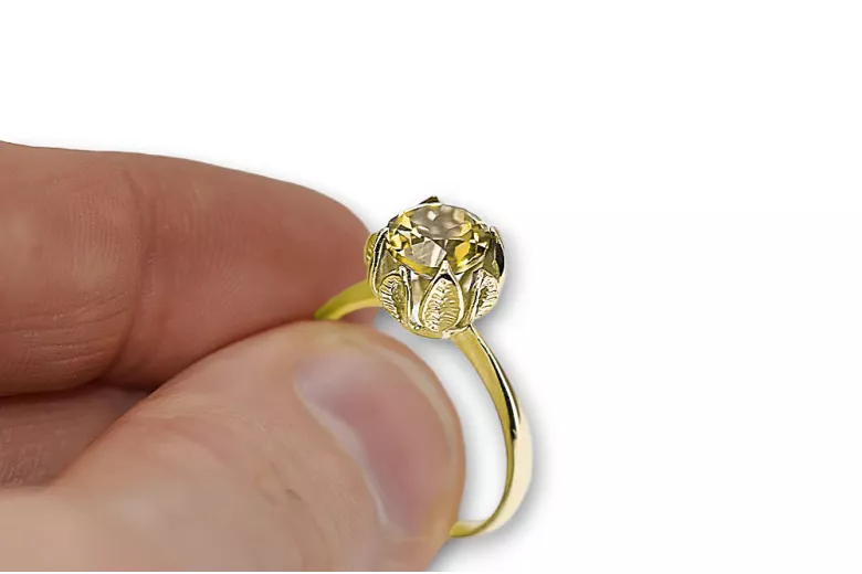 Vintage Handwerk Ring Yellow Peridot 14 Karat Gelbgold vrc051y-yp Art Deco UdSSR -Schmuck, russischer Art-Déco-Stil