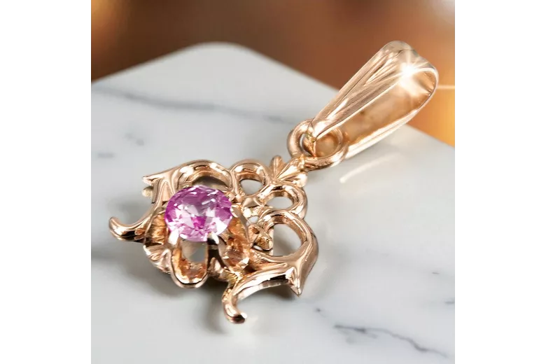 Rose Pink 14K Gold Ametyst Prívesok VPC019R Ruský sovietsky USSR Vintage štýl