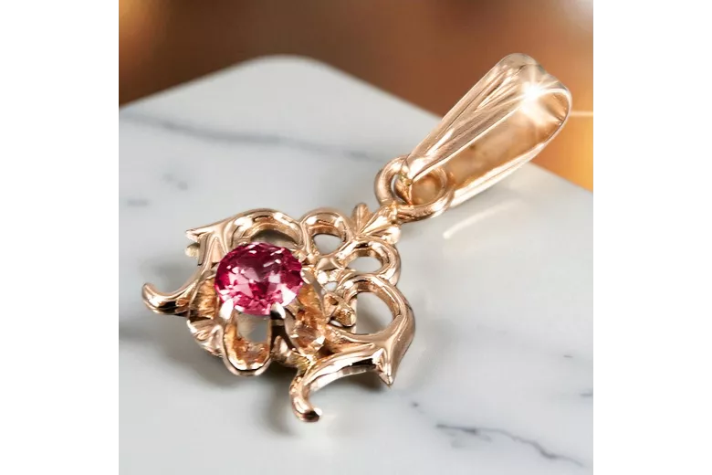 قلادة فينتاج Ruby 14 كارت من الذهب الأحمر الوردي vpc004r-rb Art Deco مجوهرات فينتاج من اتحاد الجمهوريات السوفيتية، أسلوب روسي
