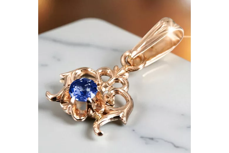 14K rose red gold Sapphire pendant vpc004r-sp Vintage style Art Deco jewelry, Soviet USSR style