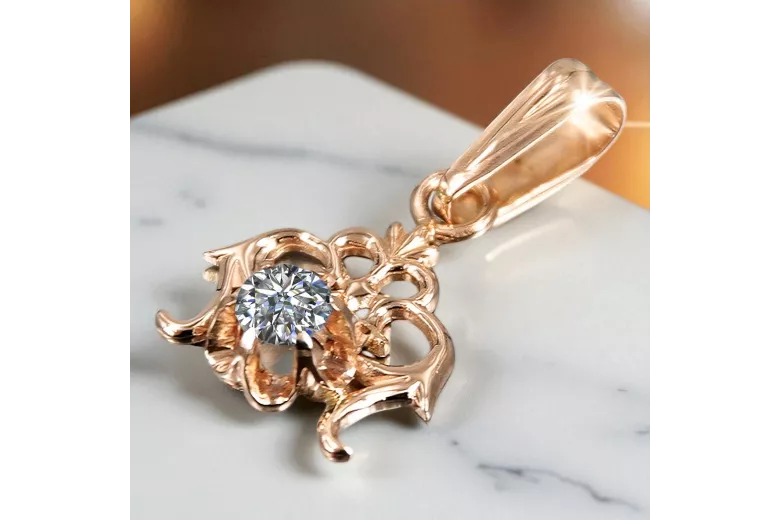 Colgante Zircon Oro rojo rosa de 14 quilates Vintage vpc004r-zi Art Deco Estilo de joyería rusa soviética de la URSS