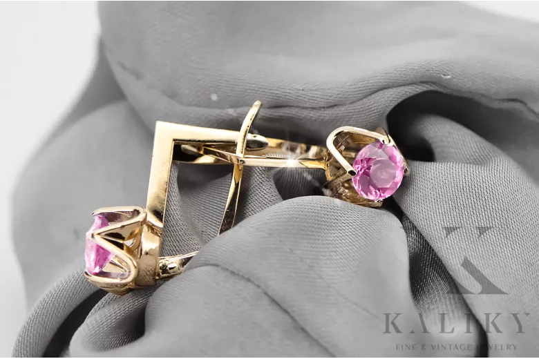 Oro amarillo de 14 quilates 585 Amethyst pendientes vec005y-am Ruso Soviético URSS Artesanía vintage Art Deco style