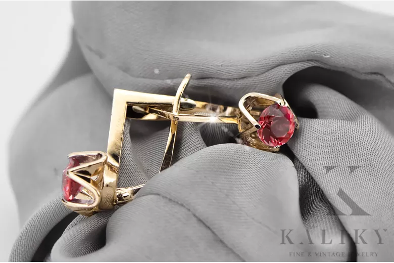 Yellow 14k gold 585 Ruby earrings vec005y-rb Russian Soviet USSR Vintage style Art Deco style