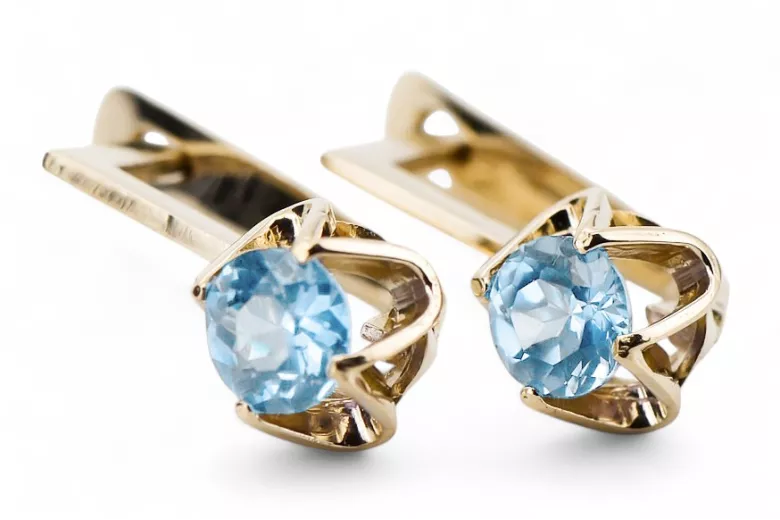 14K жълто злато 585 Aquamarine Обеци vec005y-aq Руски Съветски СССР Винтидж стил Ар-деко style Art Deco