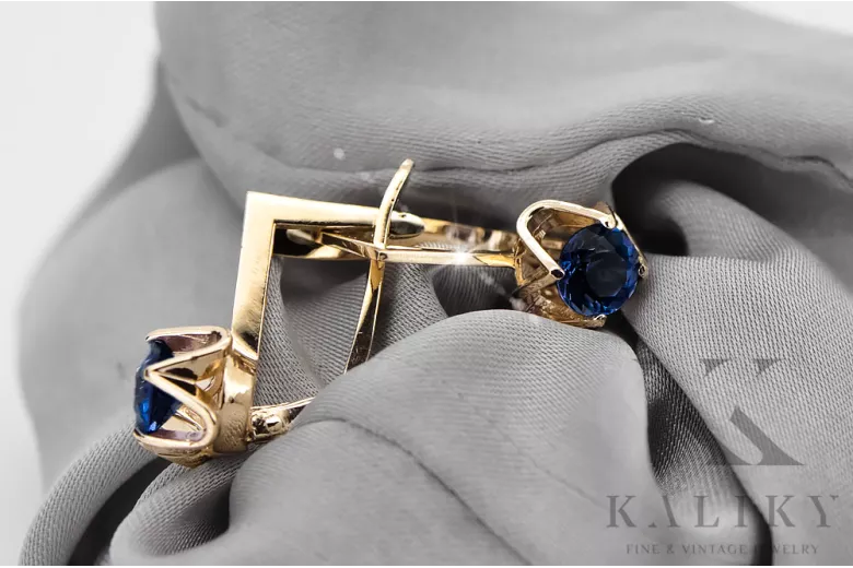 14k žluté zlato 585 Sapphire náušnice vec005y-sp Russian Soviet USSR Vintage craft Art Deco style