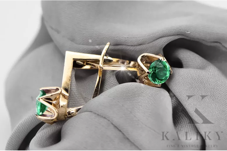 Aur galben 14K 585 Emerald cercei vec005y-em Rusesc Sovietic URSS Stil Vintage Art Deco style