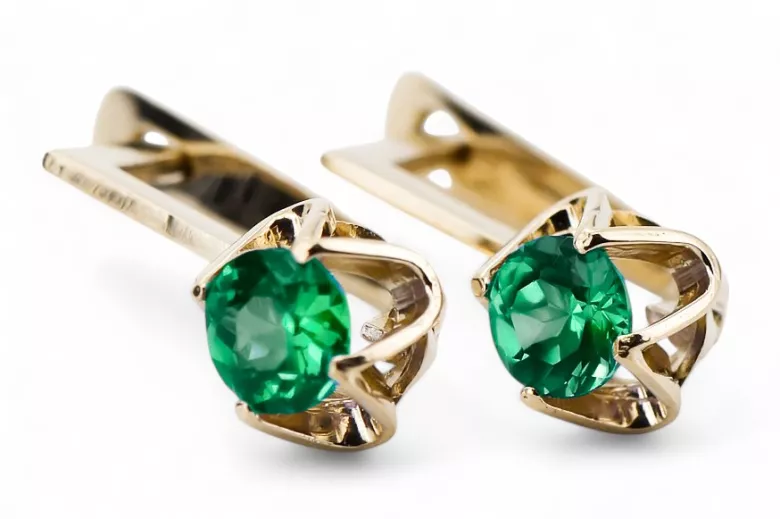 Or jaune 14 carats 585 Emerald des boucles d'oreilles vec005y-em Russe Soviétique URSS Bijoux vintage Art Deco style