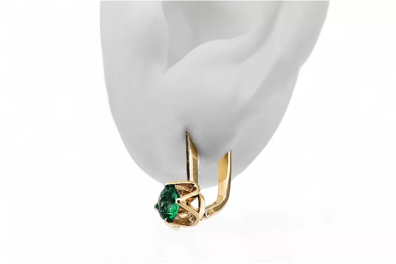 Oro amarillo de 14 quilates 585 Emerald pendientes vec005y-em Ruso Soviético URSS Artesanía vintage Art Deco style