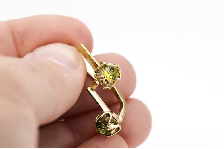 Or jaune 14 carats 585 Yellow Peridot des boucles d'oreilles vec005y-yp Russe Soviétique URSS Vintage Art Deco style