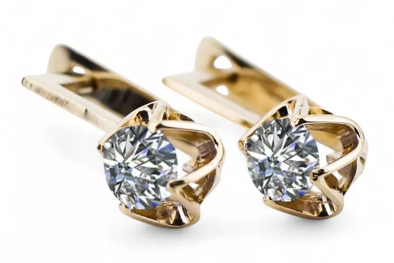 Or jaune 14 carats 585 Zircon des boucles d'oreilles vec005y-zi Russe Soviétique URSS Bijoux vintage Art Deco style